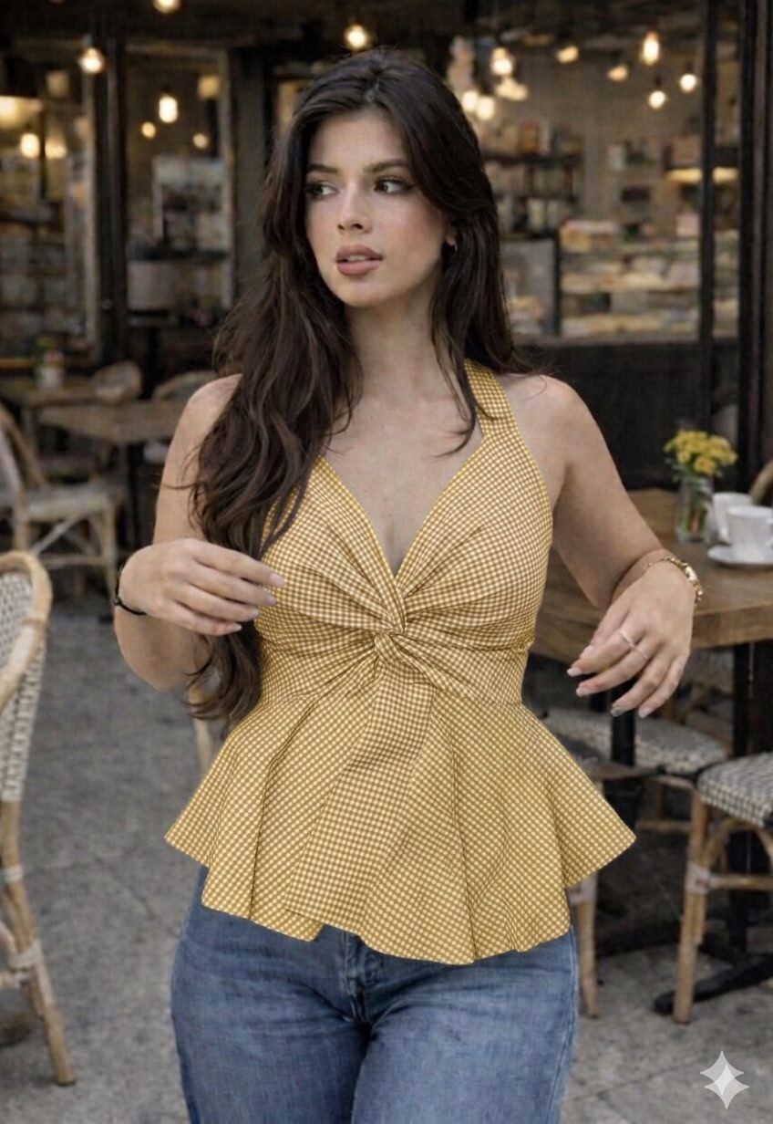 Casual Sleeveless Checkered Women Yellow Top-image-35
