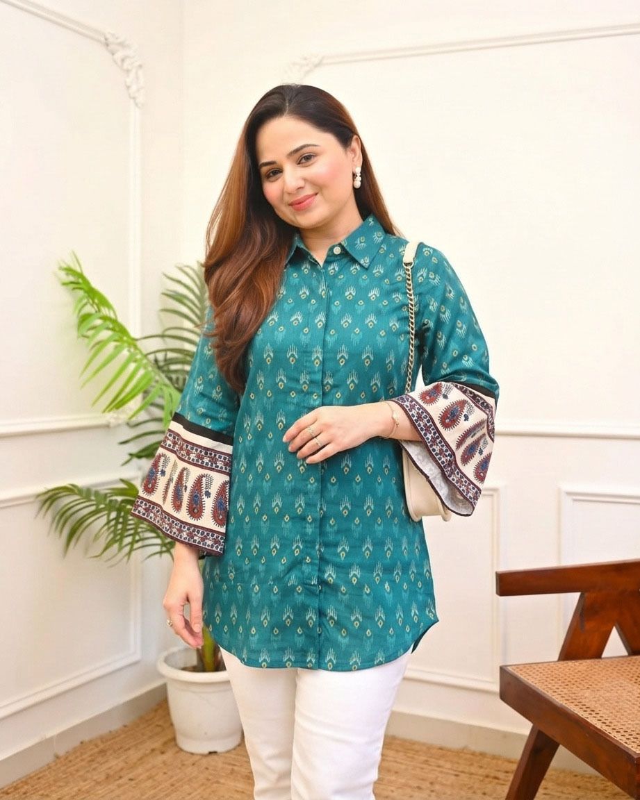 rr sa kurtis Casual Flared Sleeves Printed Women Blue Top-picture-2