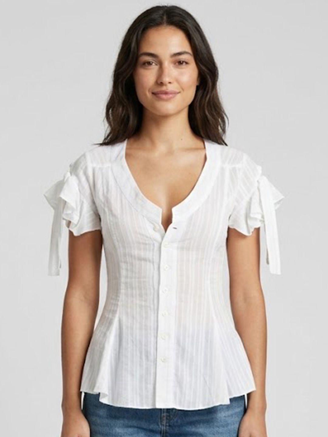 bebe Casual Flutter Sleeves Self Design Women White Top-picture-14