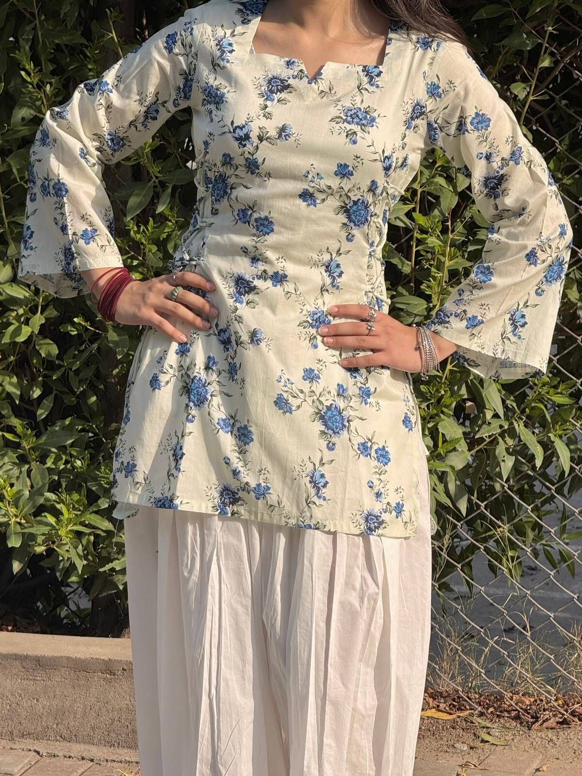 chetan textile Party Bell Sleeves Floral Print Women White, Blue Top-picture-41