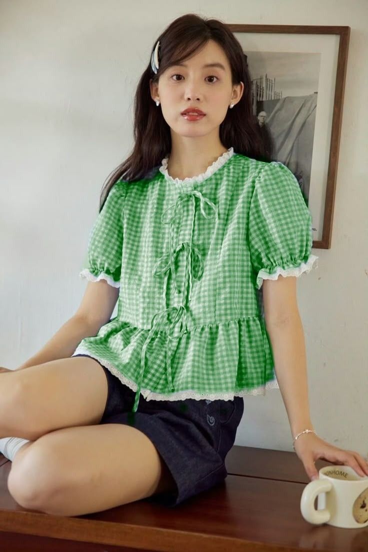 quintessentials Casual Puff Sleeves Checkered Women Green Top-picture-20