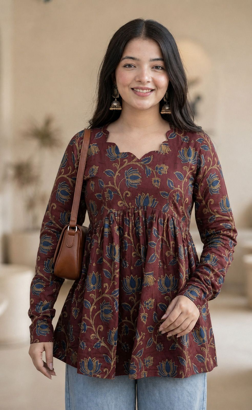 radhajithelable Casual Regular Sleeves Floral Print Women Maroon Top-picture-27