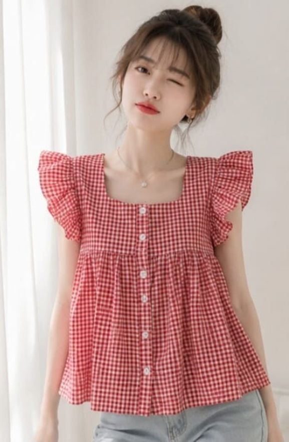 noori Casual Ruffled Sleeves Checkered Women Red, White Top-picture-14