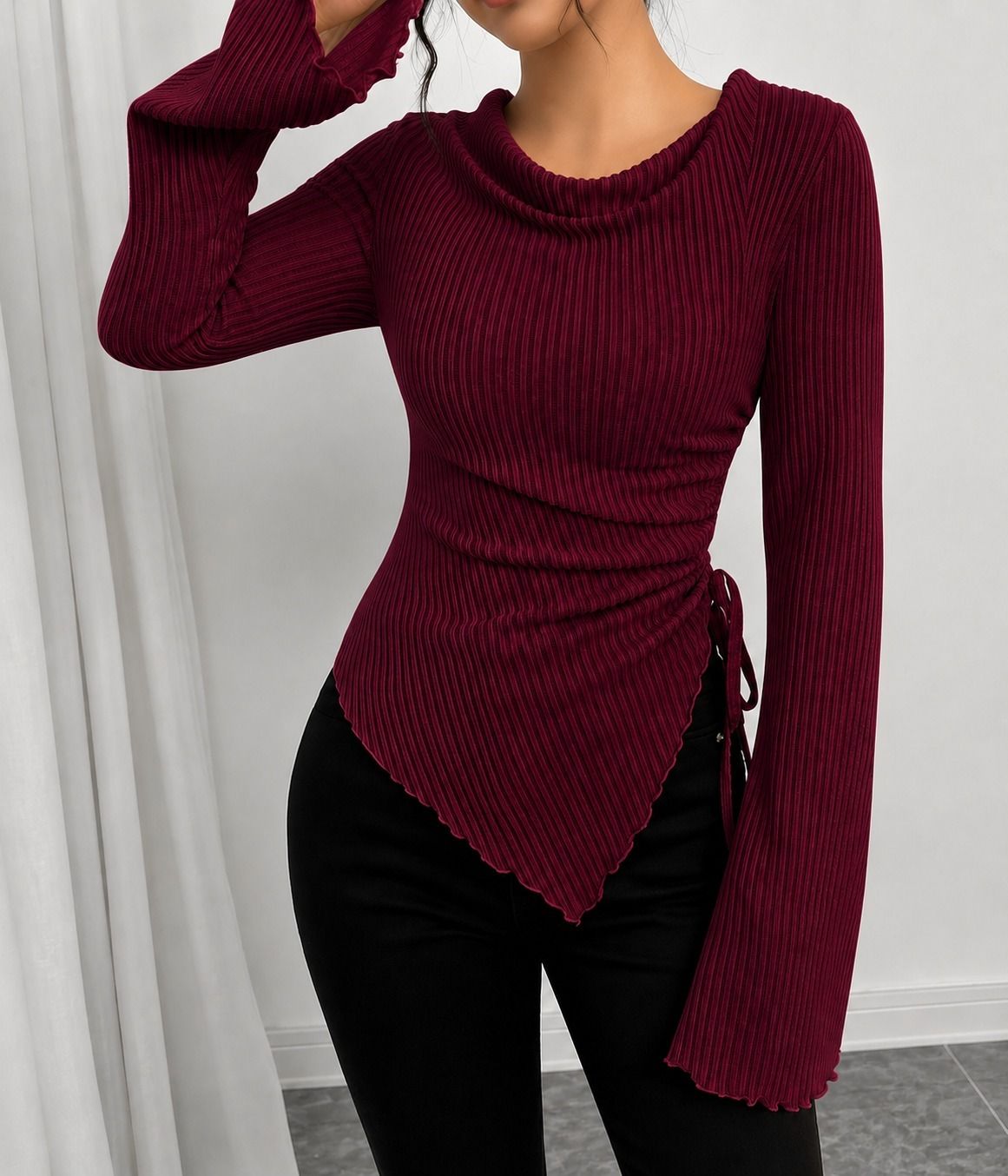 Casual Bell Sleeves Self Design Women Maroon Top-image-36