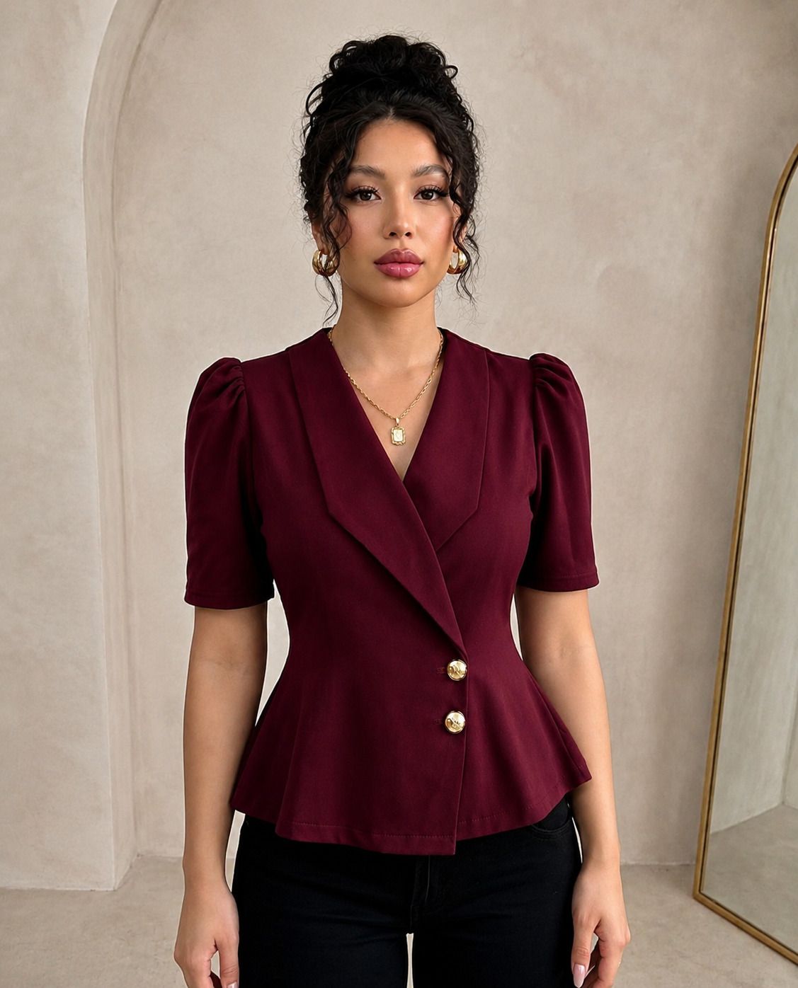 Casual Puff Sleeves Solid Women Maroon Top-image-16