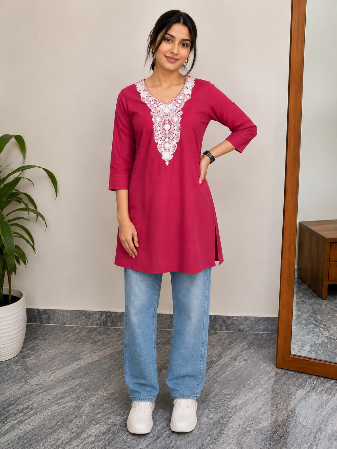 Casual Regular Sleeves Embroidered Women Maroon Top-image-41