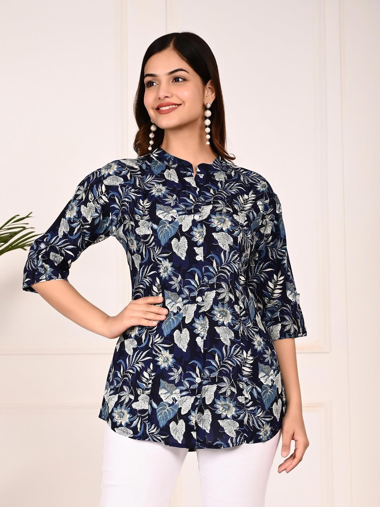 Casual Roll Up Sleeves Printed Women Dark Blue, Grey, Blue Top-image-49