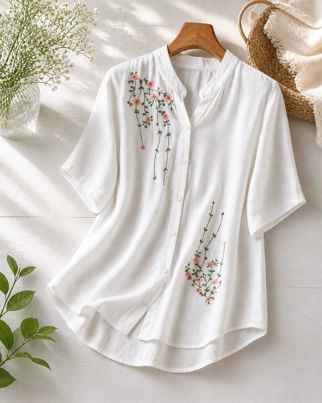avaasa Casual Puff Sleeves Embroidered, Floral Print Women White Top-picture-11