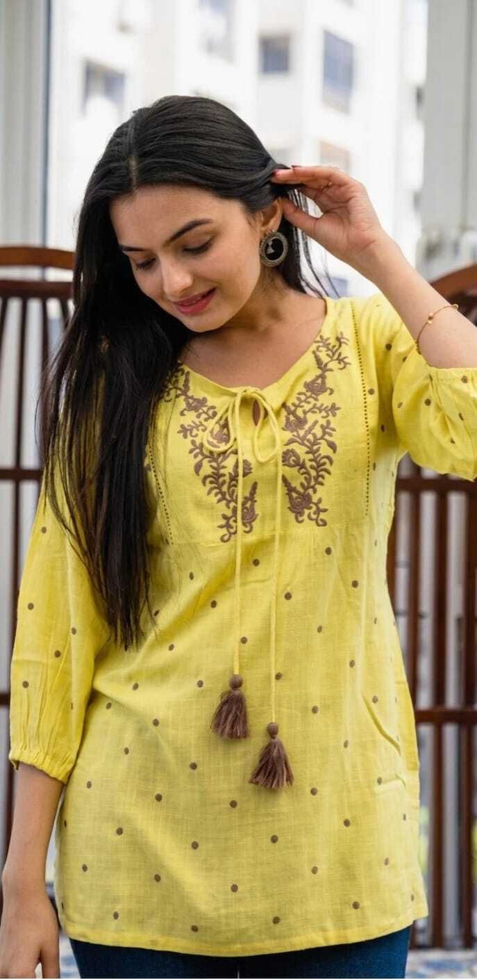 rr sa kurtis Casual Cap Sleeves Embroidered Women Yellow Top-picture-18
