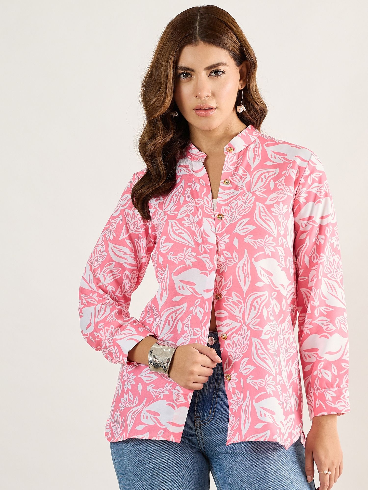 shopglobal Women Regular Fit Printed Mandarin Collar Formal Shirt-picture-19