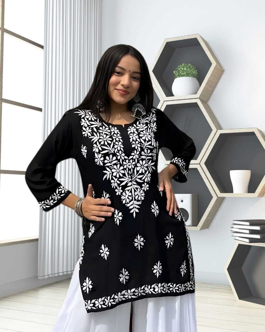 virass creation Casual Cap Sleeves Embroidered Women Black Top-picture-21