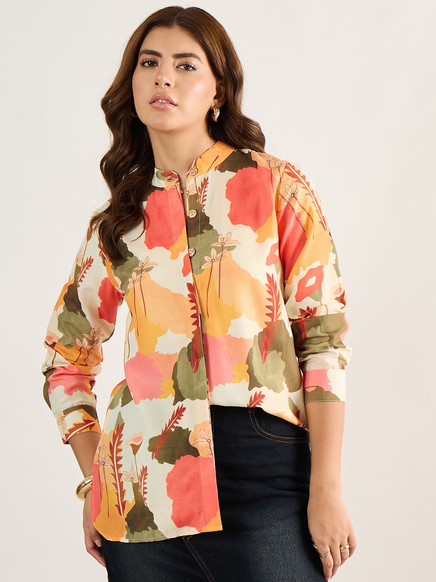 shopglobal Women Regular Fit Printed Mandarin Collar Formal Shirt-picture-12