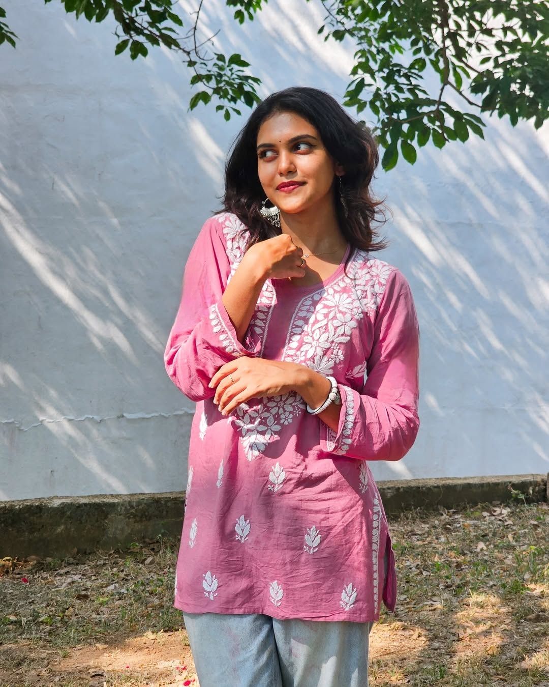 Chikan Embroidery, Embroidered, Solid, Self Design, Striped Viscose Rayon Tunic Kurta for Women-image-6