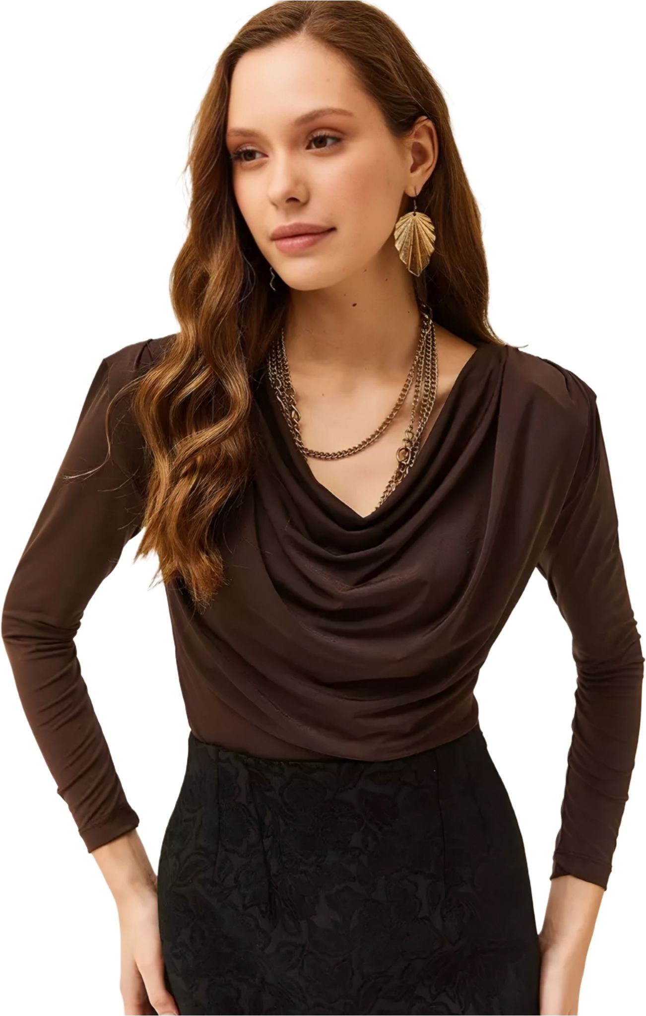 Formal Extended Sleeves Solid Women Brown Top