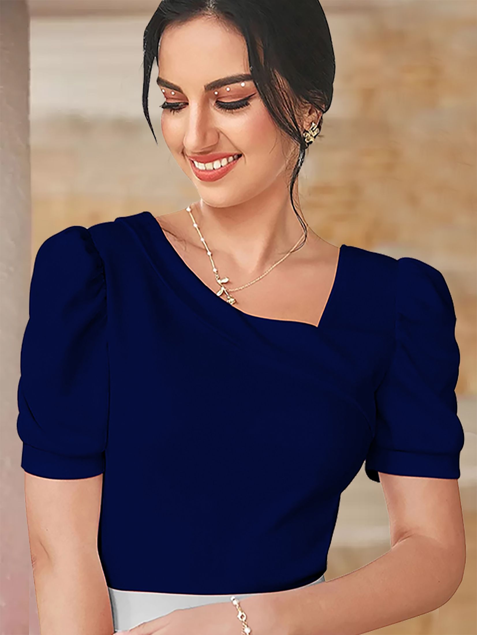 Casual Regular Sleeves Solid Women Dark Blue Top-image-14