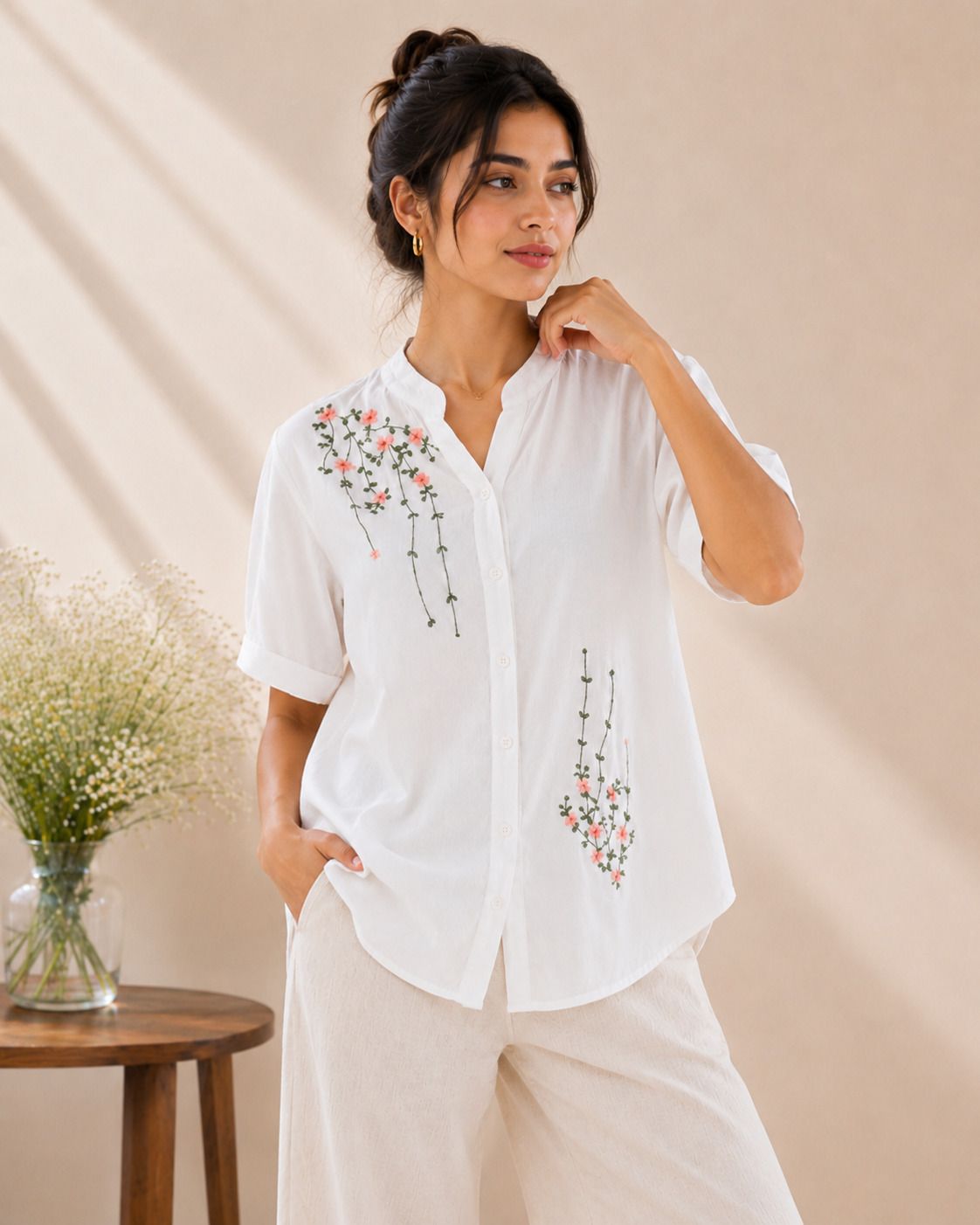 Casual Puff Sleeves Embroidered, Solid Women White, Pink, Green Top-image-19