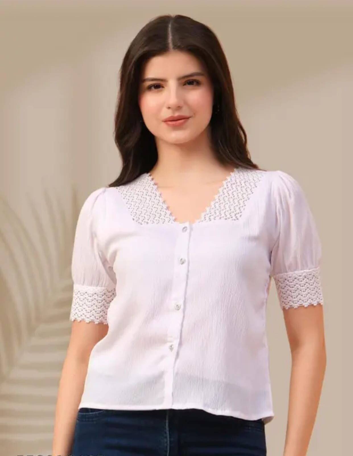 Casual Puff Sleeves Self Design, Lace, Solid Women White Top-image-20