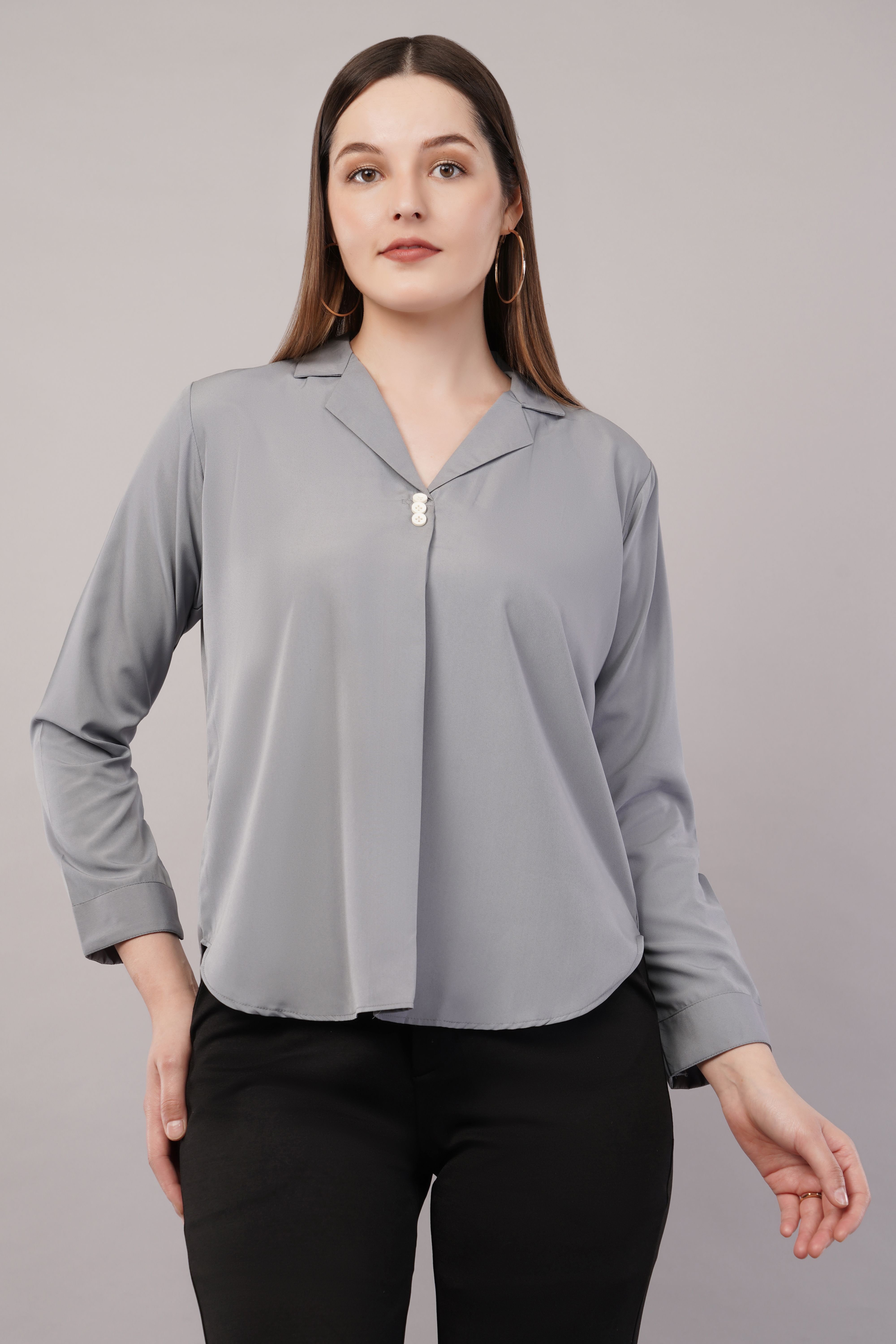 Formal Regular Sleeves Solid Women Grey Top-image-1