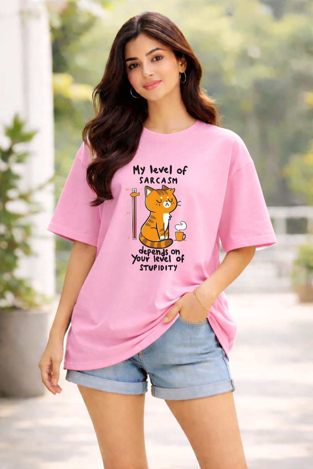 Women Printed Round Neck Cotton Blend Pink T-Shirt-image-46