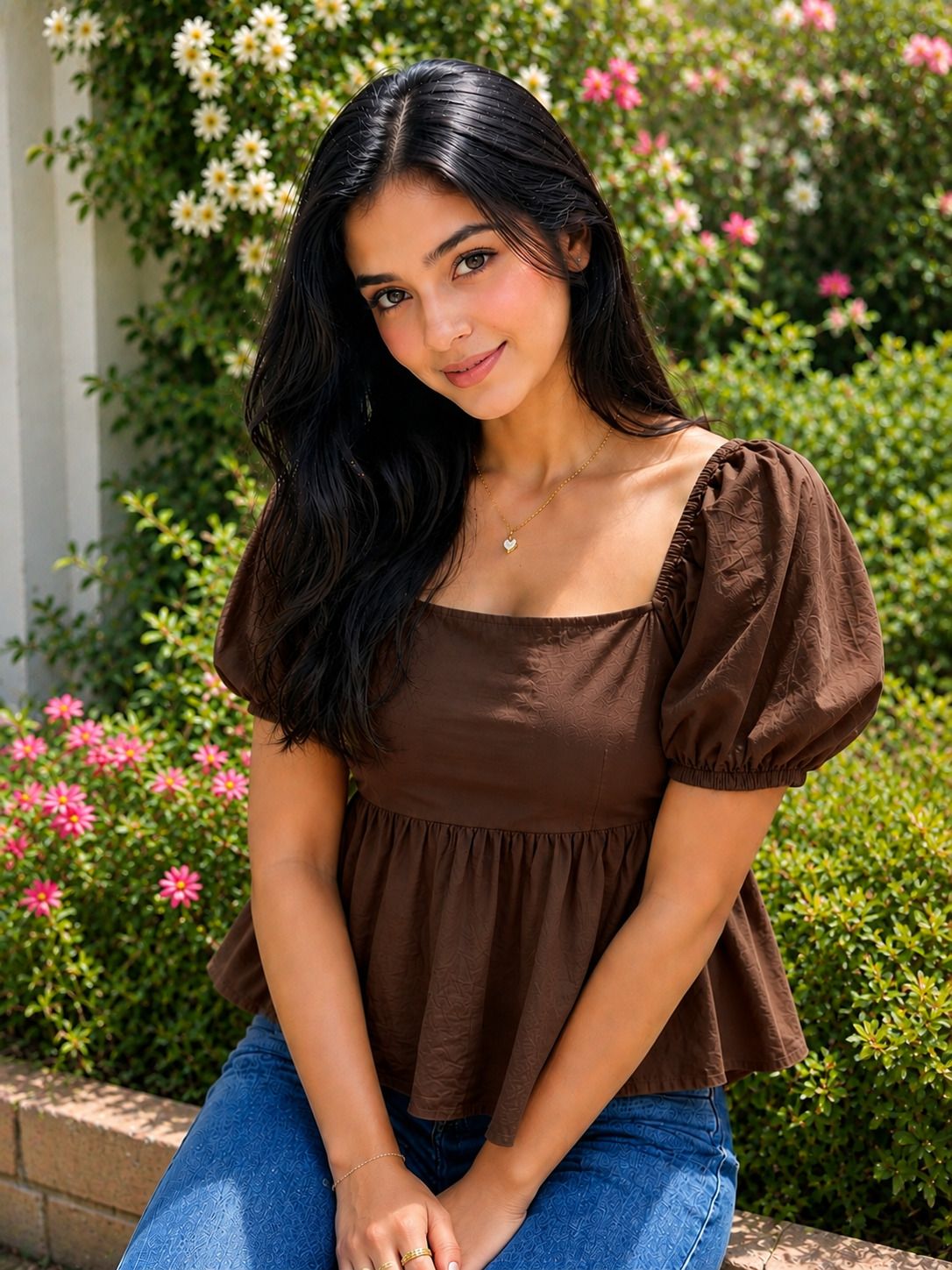 Casual Puff Sleeves Solid Women Brown Top-image-18