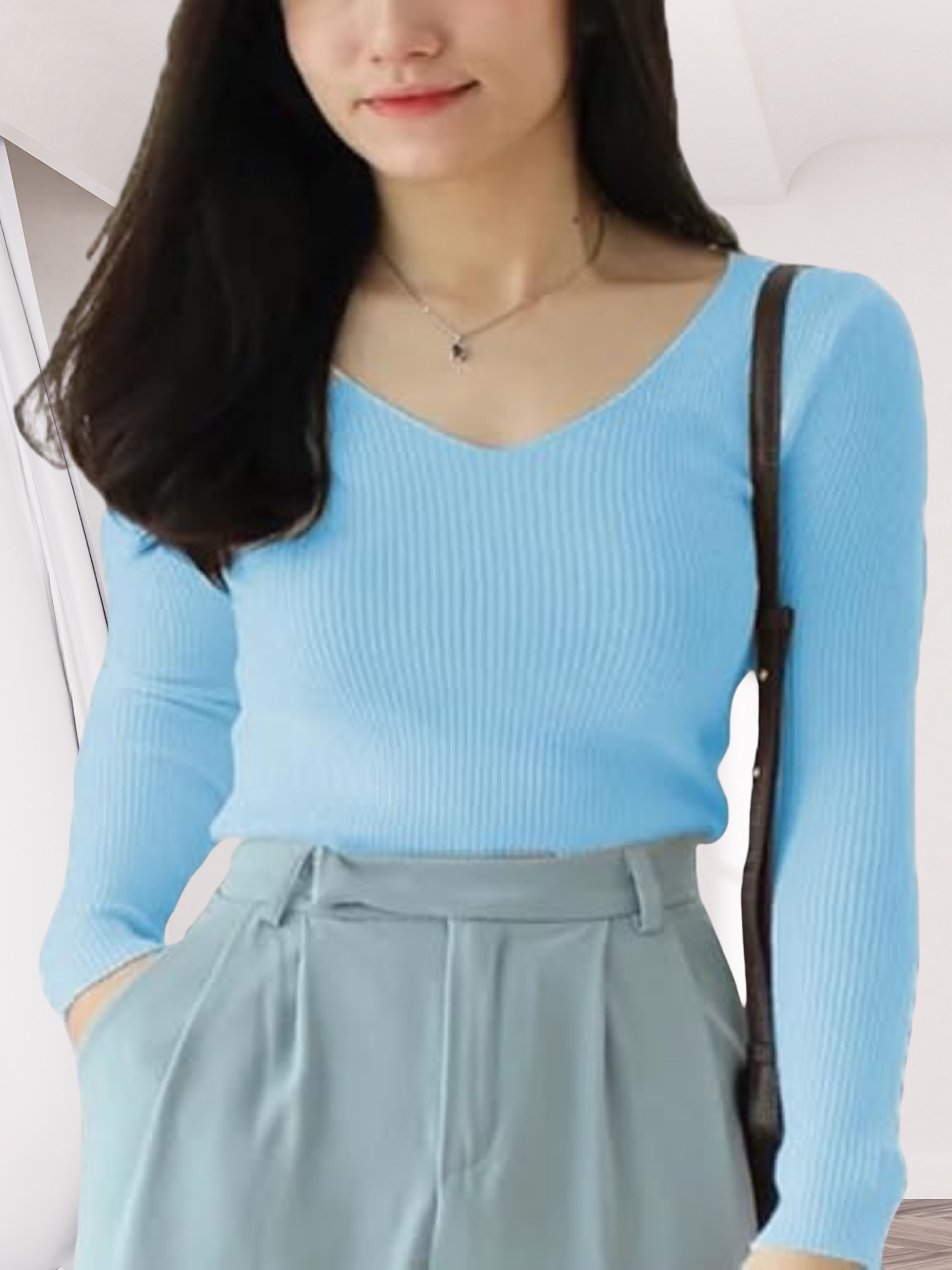 sasafaras Casual Regular Sleeves Striped Women Light Blue Top-picture-13