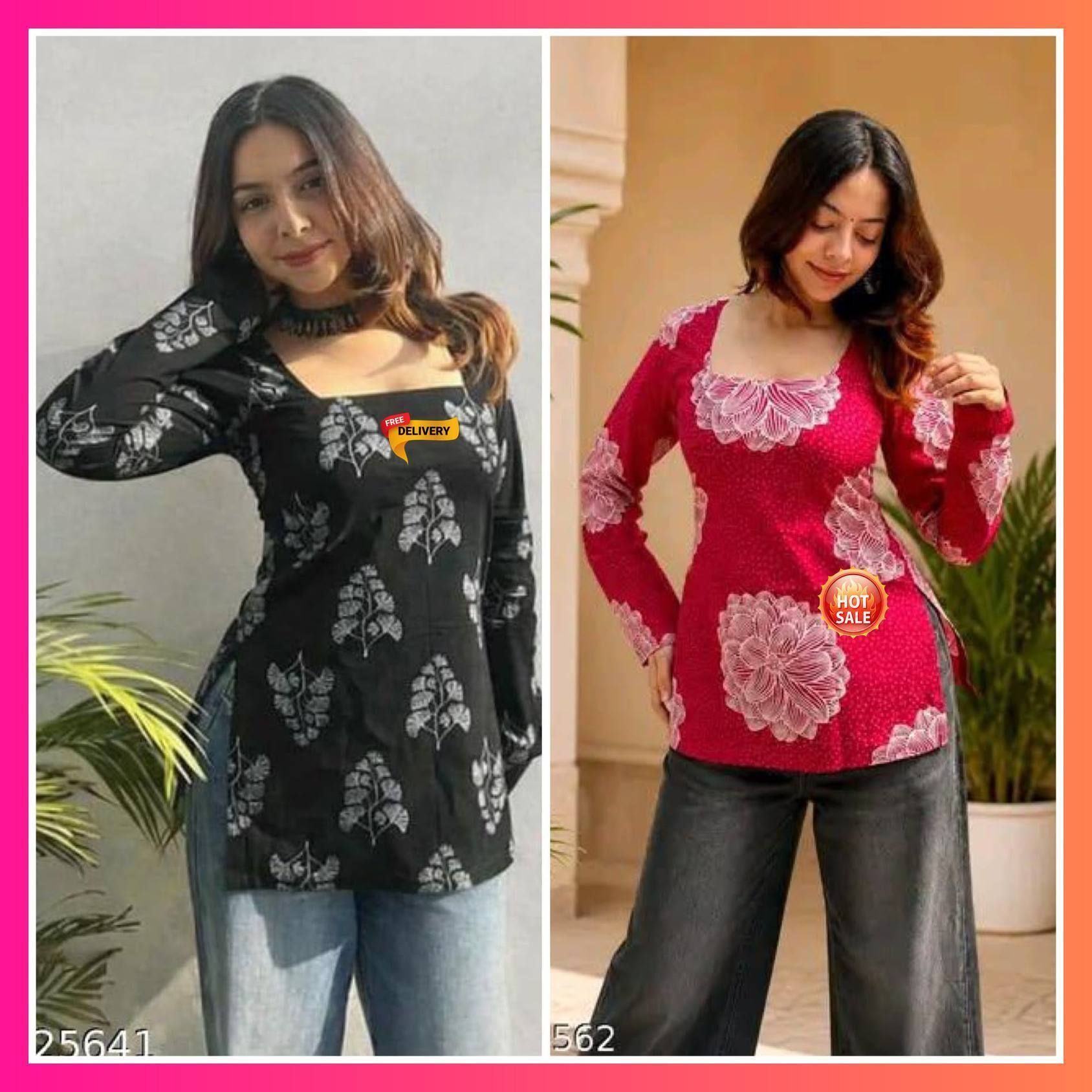rajvati Pack of 2 Party Regular Sleeves Printed, Floral Print Women Black, Pink Top-picture-40