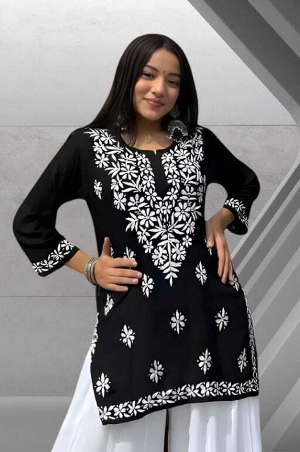 virass creation Casual Cap Sleeves Embroidered Women Black Top-picture-29