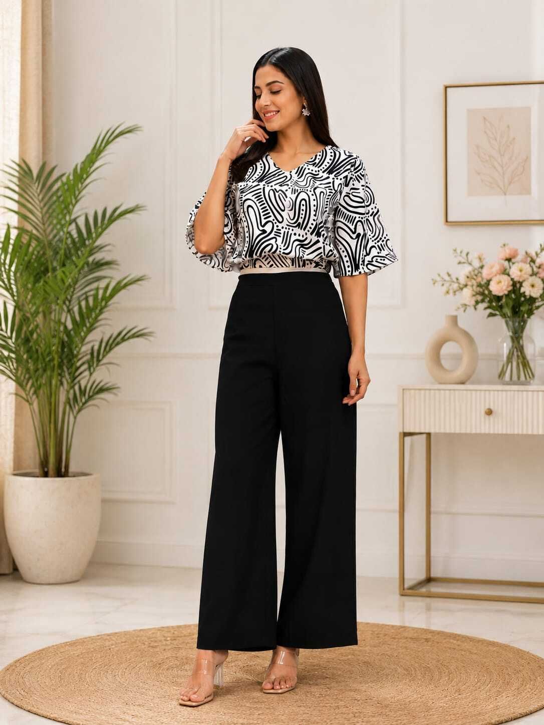 Party Flared Sleeves Printed Women Black Top-image-41