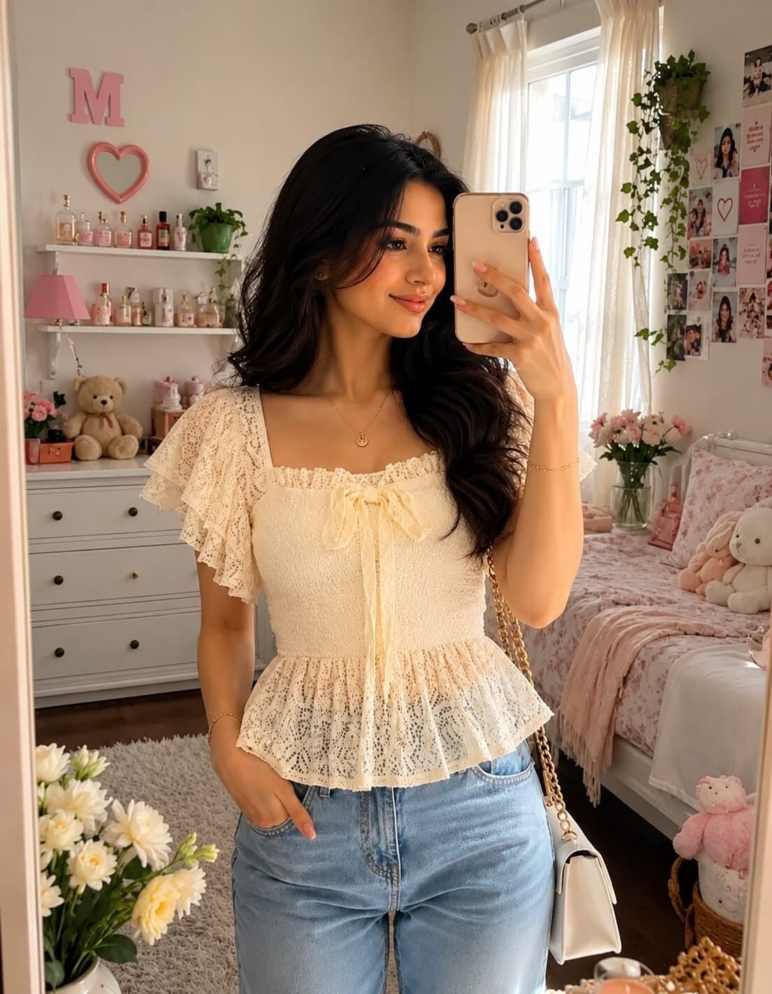 Party Puff Sleeves Lace, Self Design Women Beige Top-image-43