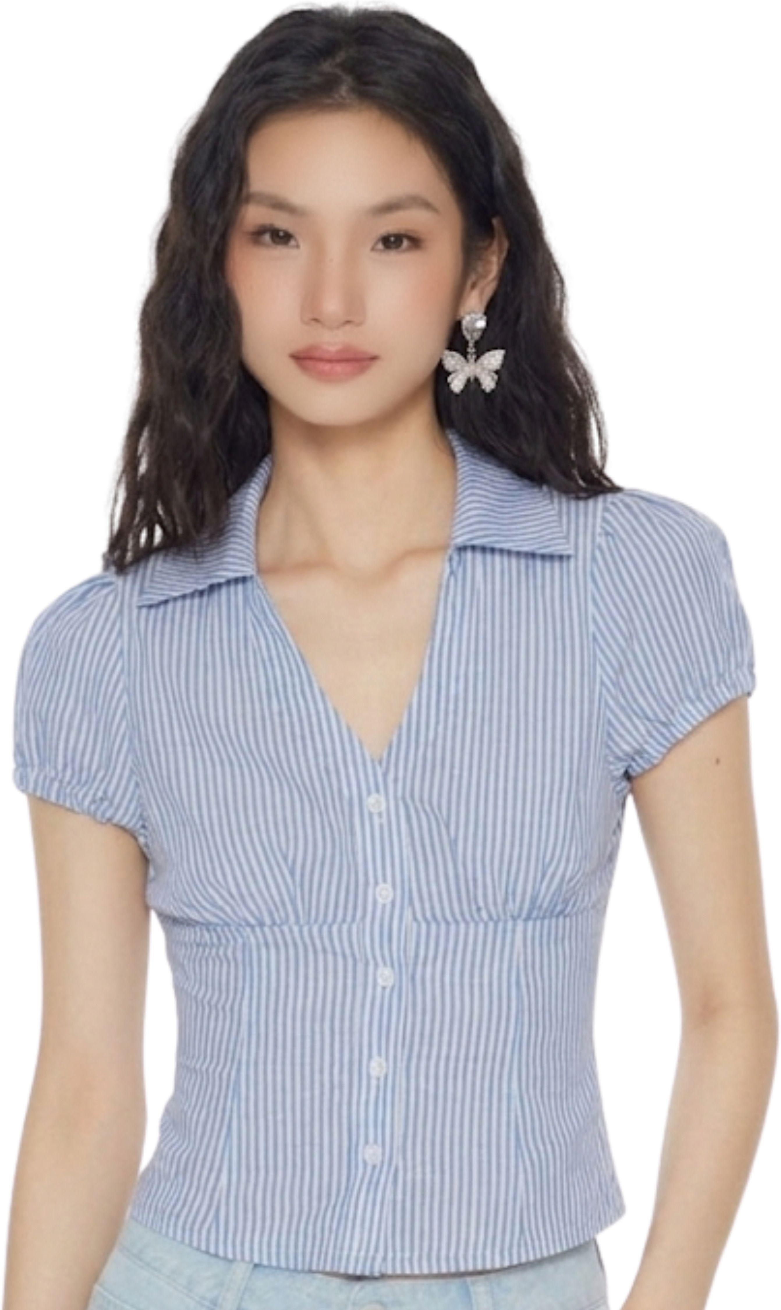 ezlia Casual Puff Sleeves Checkered Women Blue Top-picture-28