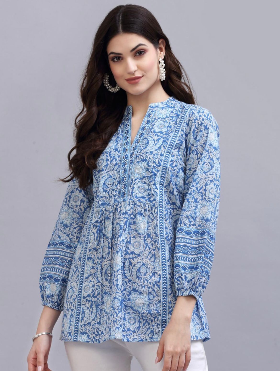 amar creation Casual Regular Sleeves Printed Women Blue, White Top-picture-10