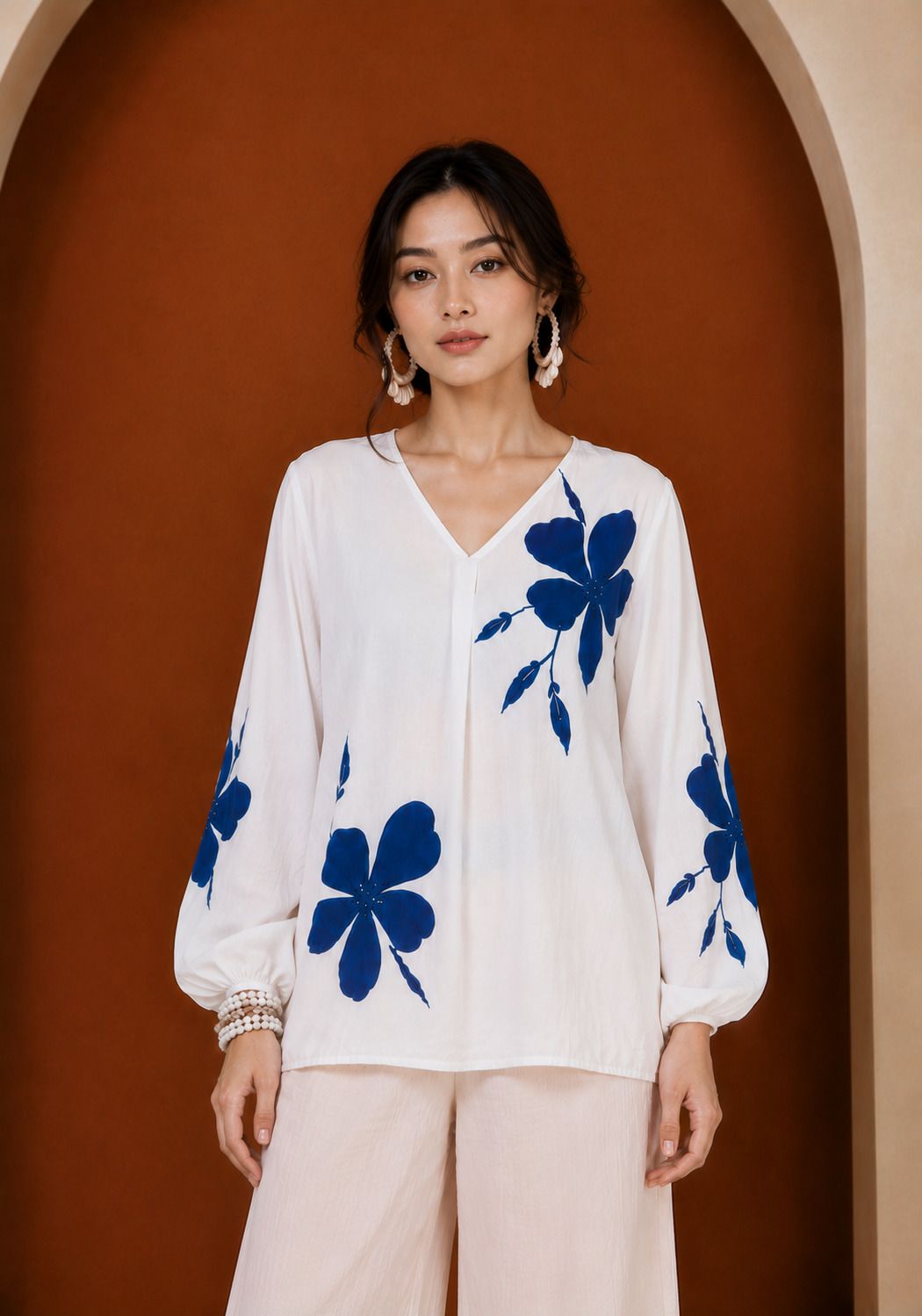 Casual Balloon Sleeve Floral Print Women White, Blue Top-image-5