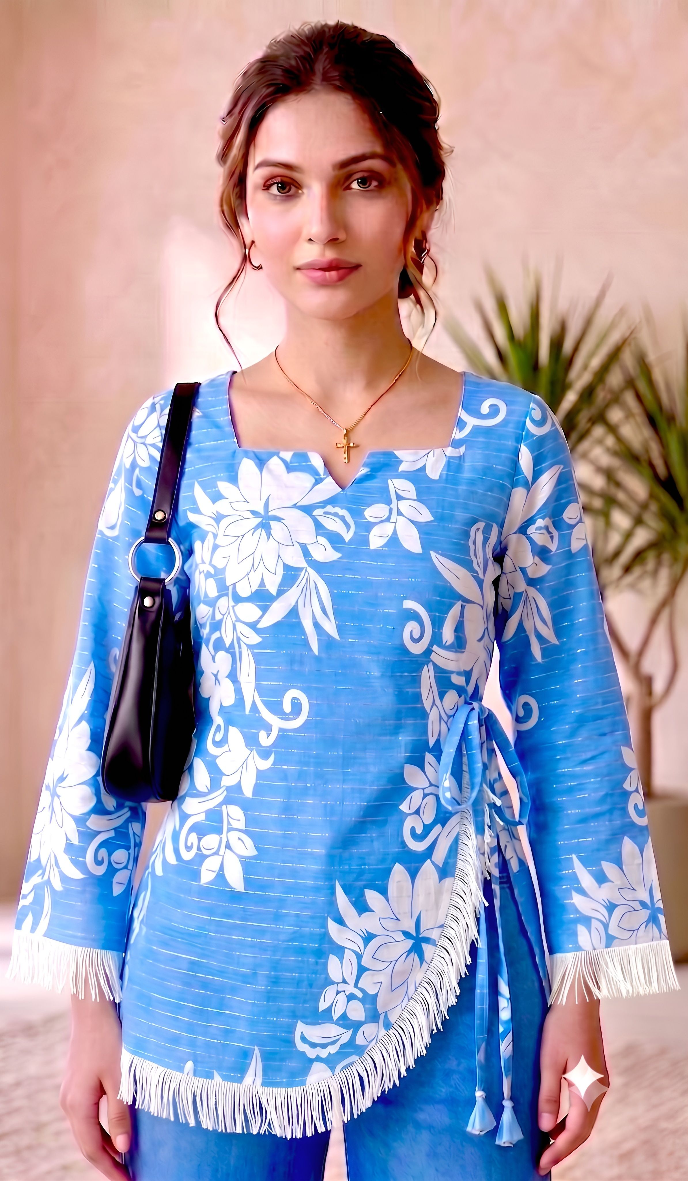 Casual Bell Sleeves Floral Print Women Blue Top-image-5