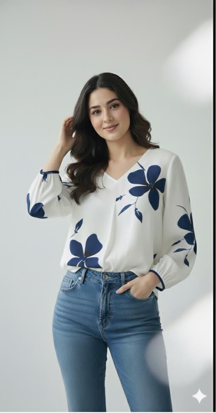 Casual Balloon Sleeve Floral Print Women White, Blue Top-image-11