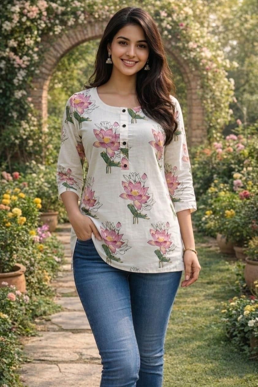 rr sa kurtis Casual Regular Sleeves Floral Print Women White Top-picture-10