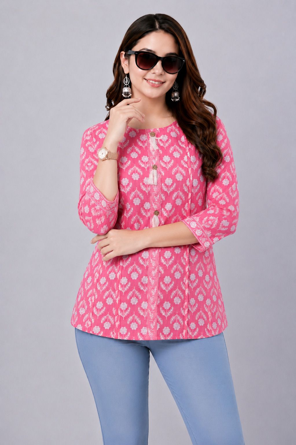 echa fab Casual Regular Sleeves Printed Women Pink, White Top-picture-13