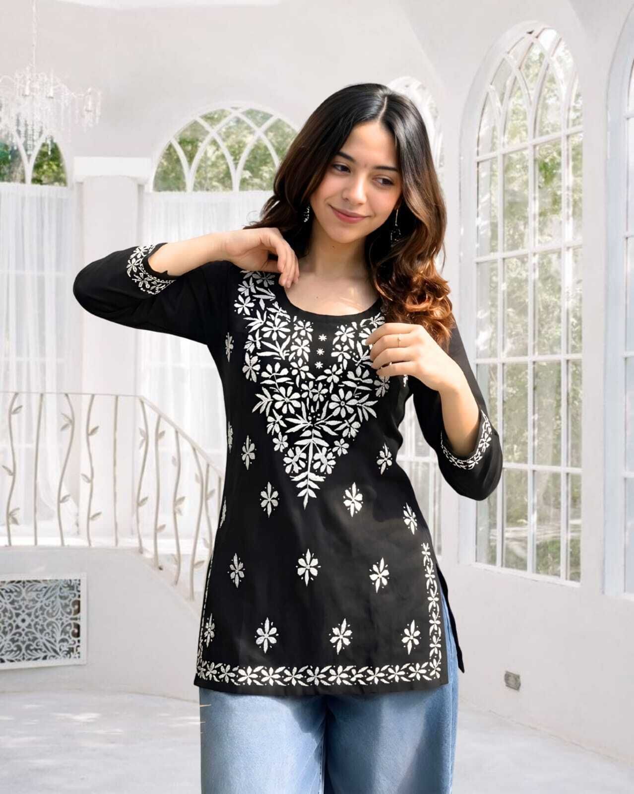 virass creation Casual Cap Sleeves Embroidered Women Black Top-picture-27