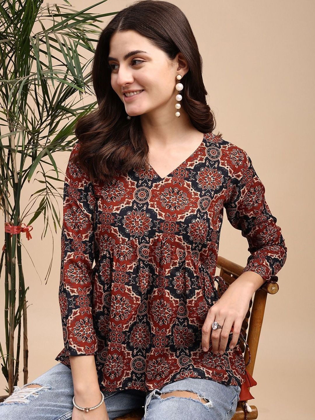 Party Regular Sleeves Printed Women Maroon Top-image-14