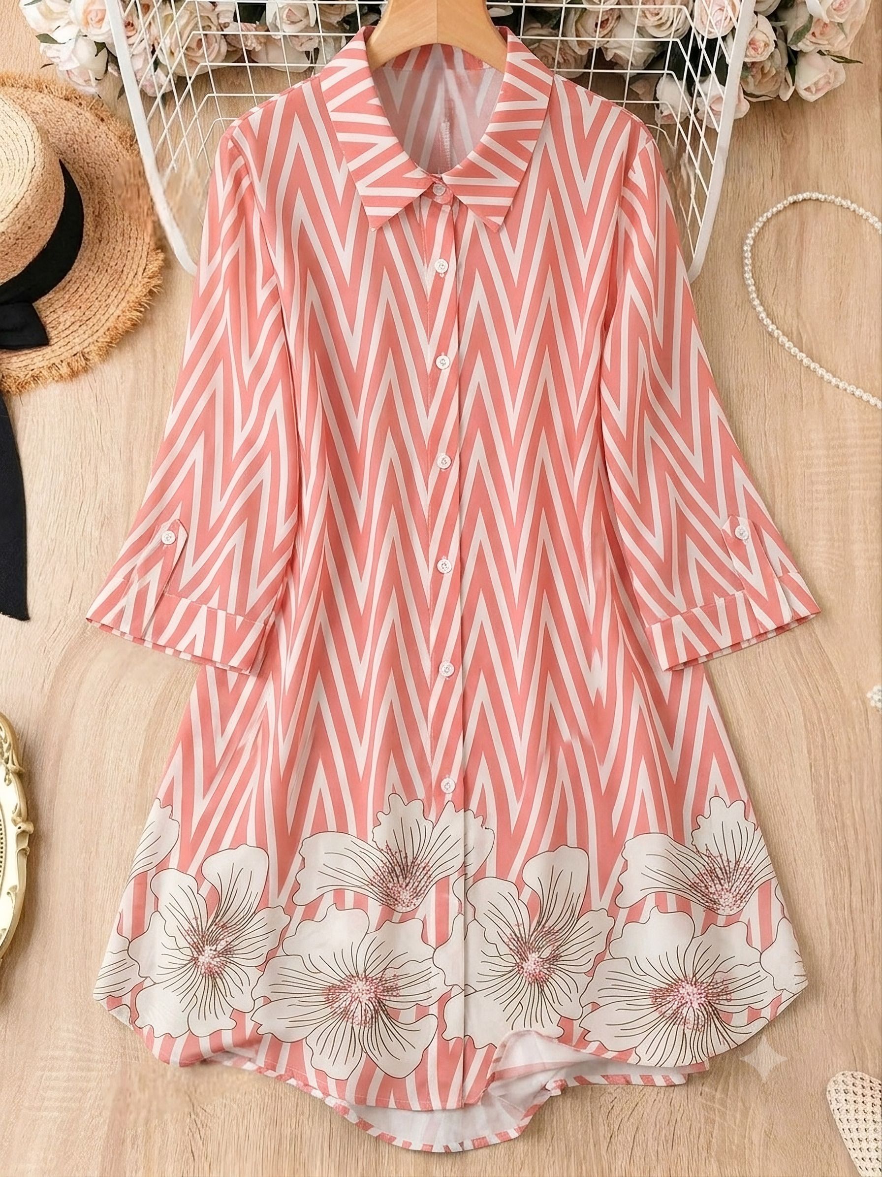 Casual Roll Up Sleeves Chevron/Zig Zag, Floral Print Women Pink, White Top-image-16