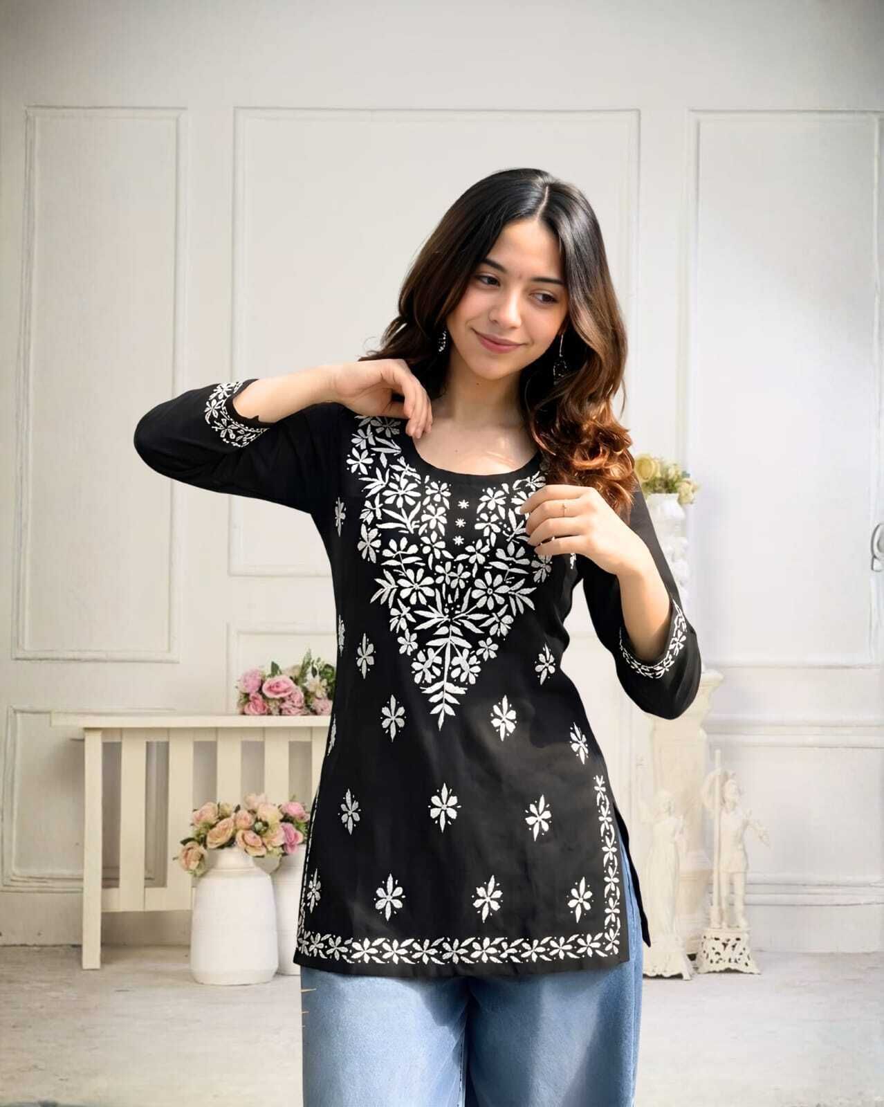 Casual Cap Sleeves Embroidered Women Black Top-image-49