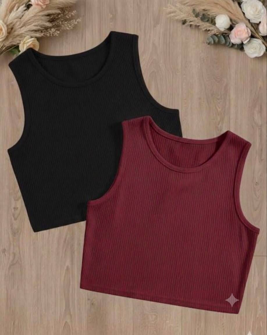 Pack of 2 Casual Sleeveless Self Design Women Black, Maroon Top-image-3