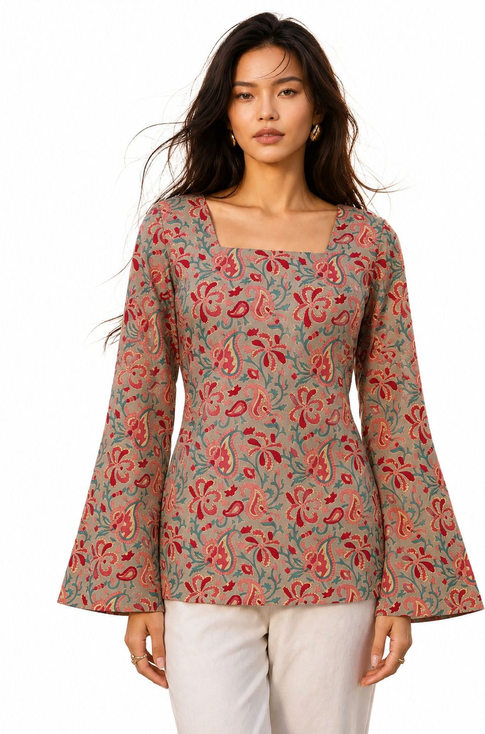 Casual Bell Sleeves Floral Print, Printed Women Multicolor Top-image-47