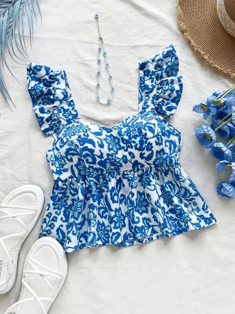 Party Ruffled Sleeves Floral Print Women Blue Top-image-46