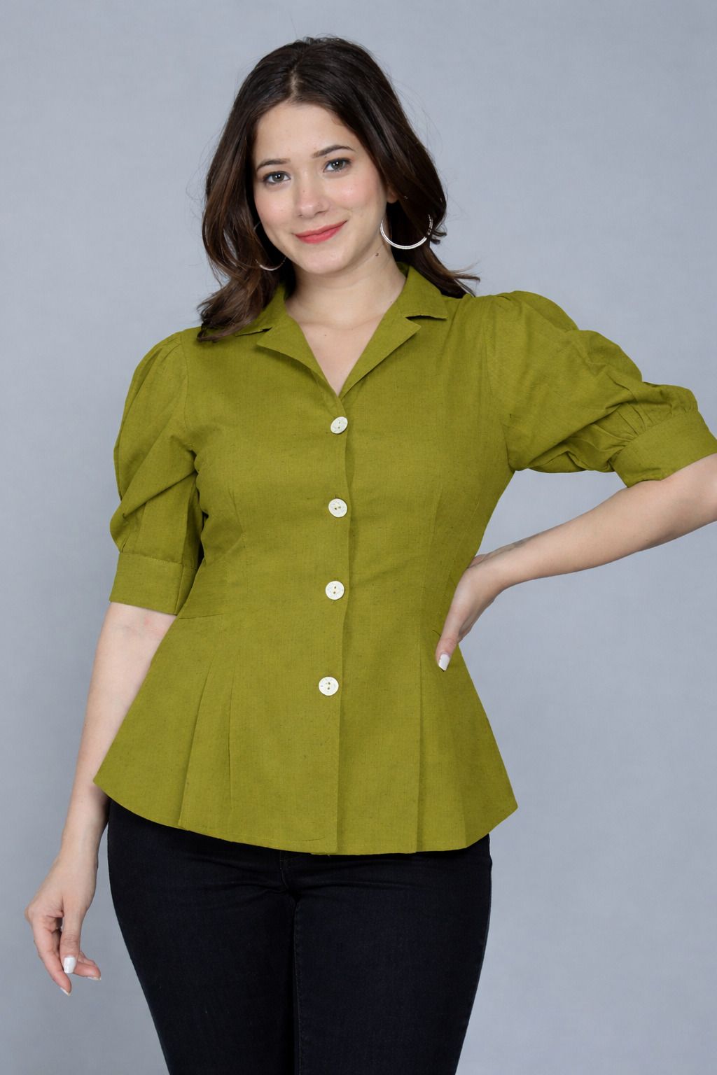 sajyara fashions Casual Puff Sleeves Solid Women Green Top-picture-27