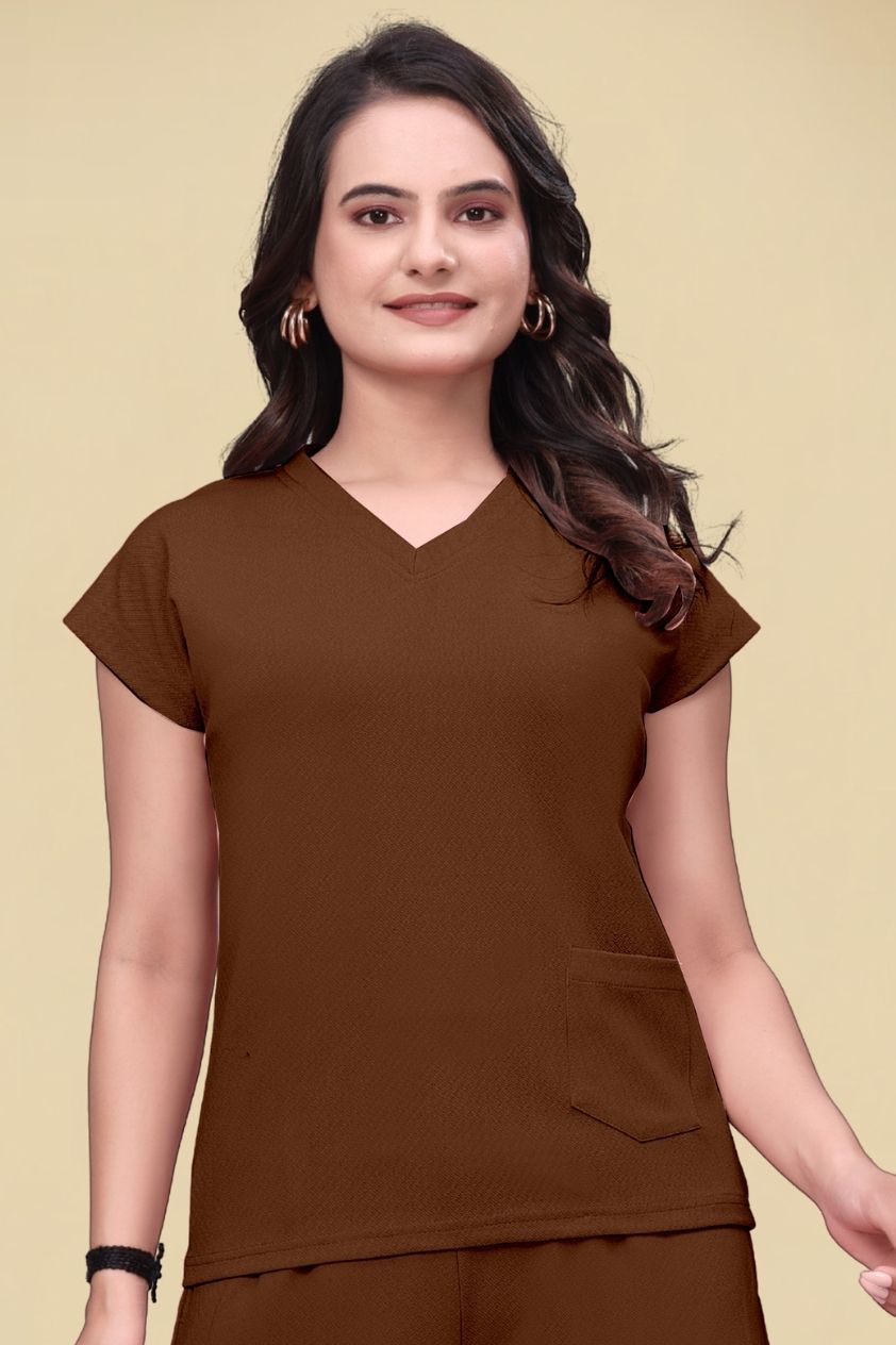 naiyaa fashion Women Solid V Neck Polyester Brown T-Shirt-picture-11