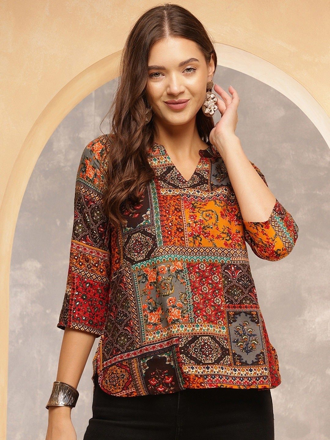Casual Regular Sleeves Printed, Geometric Print, Floral Print, Ethnic Motifs Women Multicolor Top