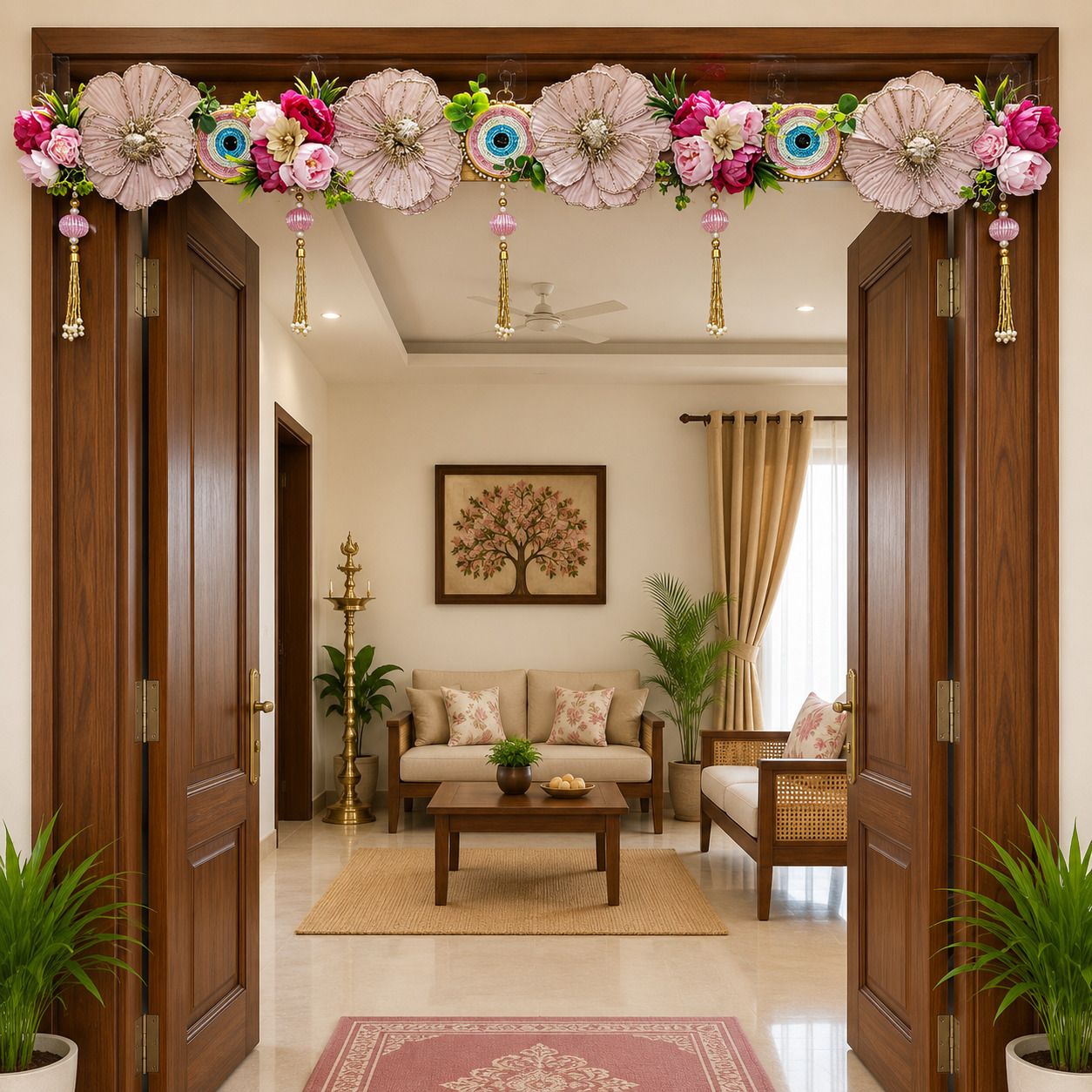 Dusty Pink Evil Eye Floral Toran with Gold Tassels for Main Door | 40 Inch Toran-image-41
