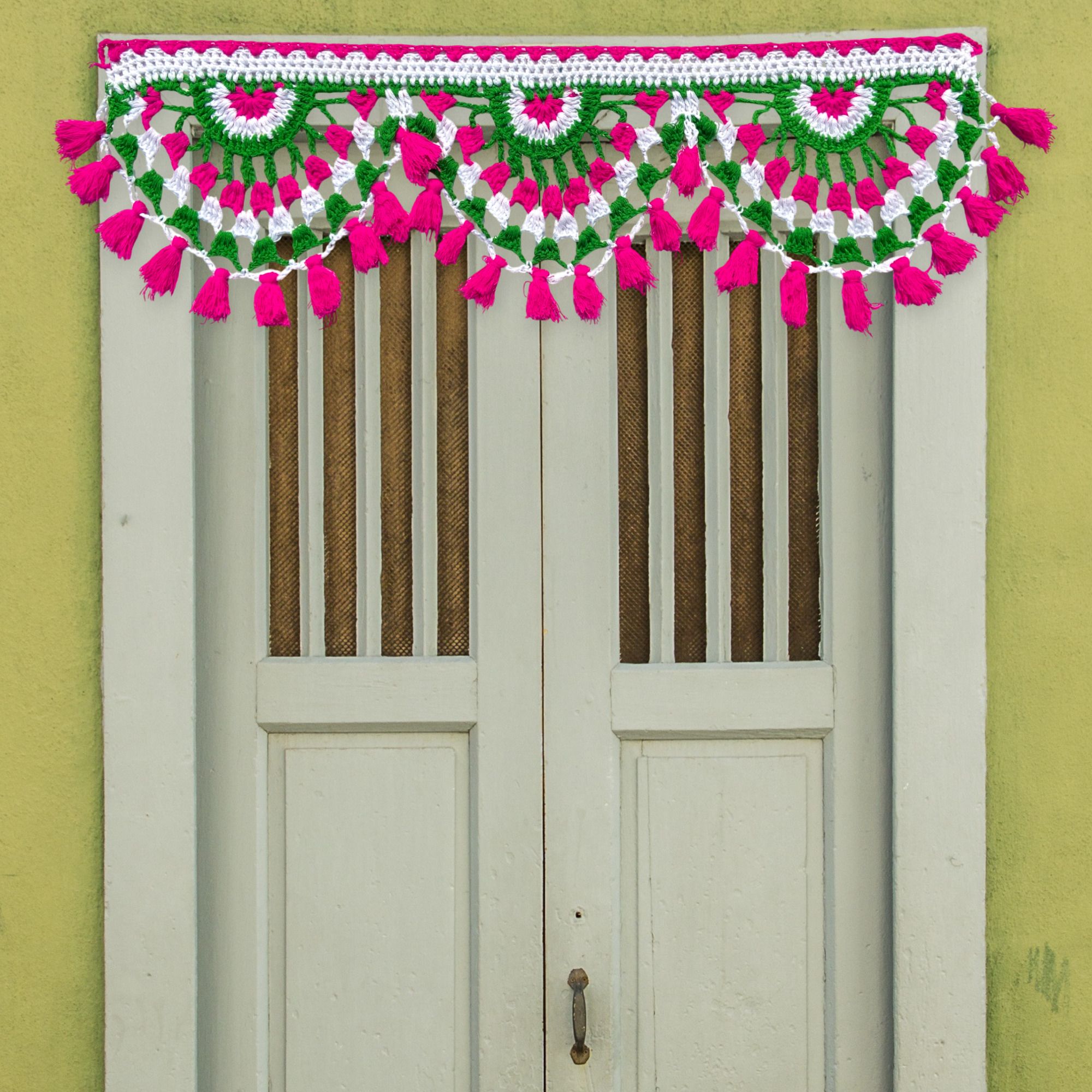 Handmade Crochet Door Toran | Pink & Green Decorative Door Hanging with Tassels Toran-image-22