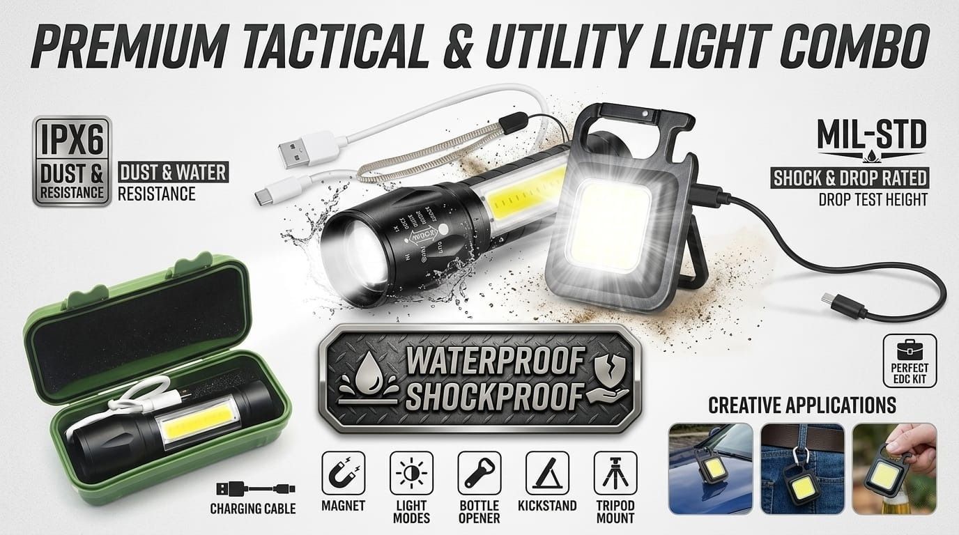 New Combo (Pack Of 2) COB Flashlight With Keychain Light Magentic High-Power LED 8 hrs Torch Emergency Light-image-13