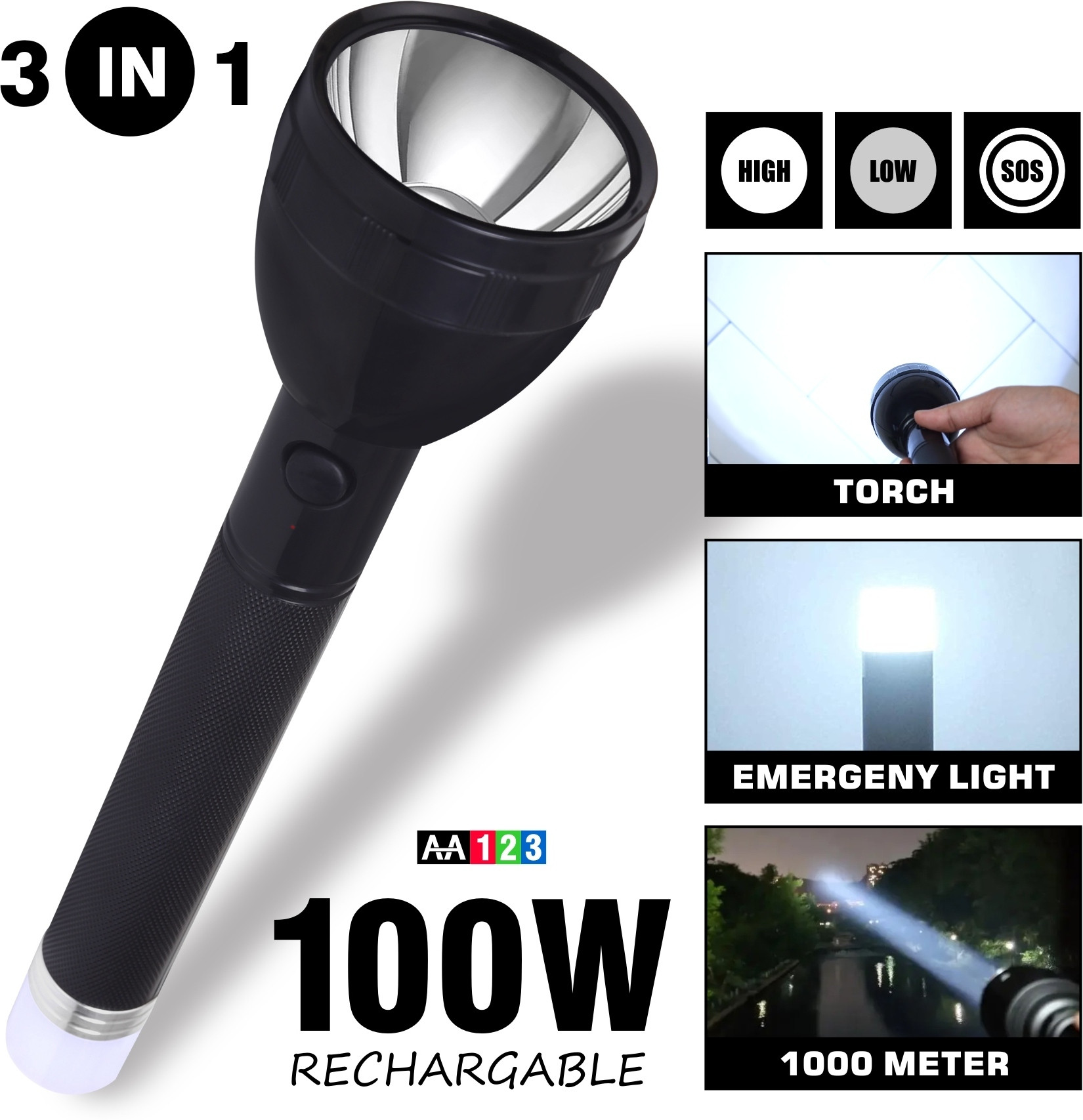 aa123 100W Rechargeable Torch 2 in 1 Flashlight, Backlight with Blinker Function Torch image 1